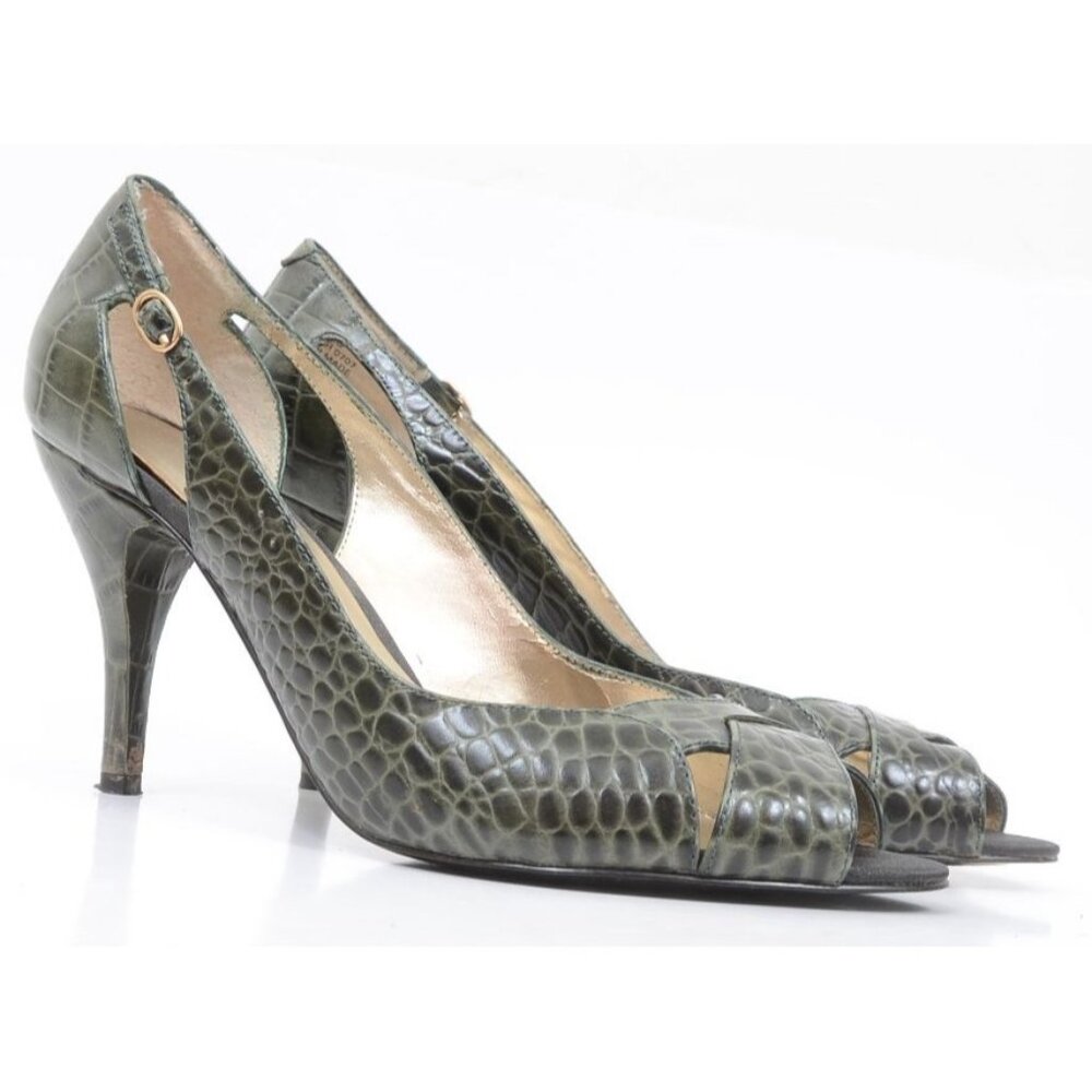 Nine West Brightgirlo Green Leather Alligator Print Peep Toe Heel Pump Size 8M - Picture 3 of 9